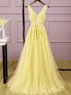 Light Yellow Tulle Long Party Dress Outfits For Girls Yellow Prom Dress, Yellow Prom, Tulle Bridesmaid, Long Party Dress, A Line Prom Dress, Formal Occasion Dress, Yellow Bridesmaid Dresses, Prom Dress Evening, Prom Dresses Yellow