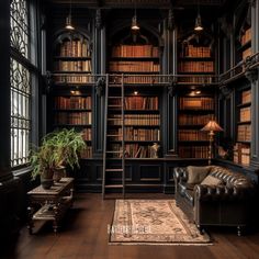 a living room filled with lots of bookshelves next to a couch and table