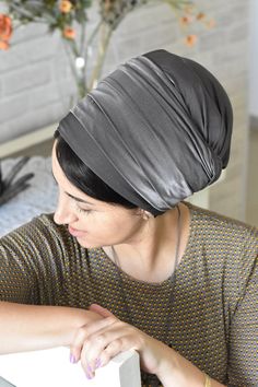 GRAY Handmade Lycra, one wrap Tichel, Jewish head covering, very simple wrapping technique by oshrat Simple Wrapping, African Hair Wrap, Head Coverings, Jewish Women, Hair Turban, African Hair, Hair Cover, Hair Wraps, Orange And Turquoise