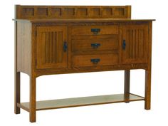 a wooden sideboard with drawers and shelves