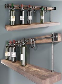 two wooden shelves with wine bottles on them and a bottle opener attached to the wall