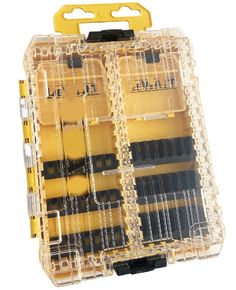 a yellow and black case filled with lots of screwdriver bits on top of each other