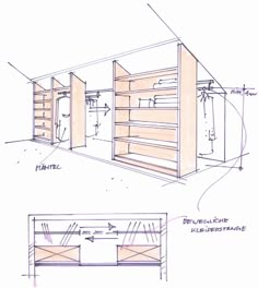 an architectural drawing of a bathroom with shelves and cabinets