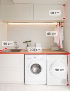 an image of a laundry room with measurements for the washer and dryer in it