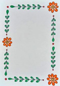 an orange and green flower frame on a white paper with red dots in the center