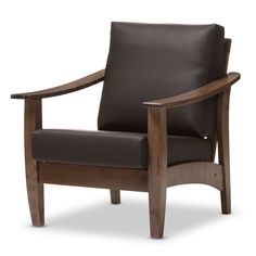 a brown leather chair sitting on top of a wooden frame