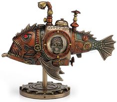 a sculpture of a fish with a skull on it's head and an eye