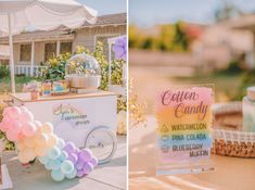 a table topped with balloons and cake next to a sign that says cotton candy on it