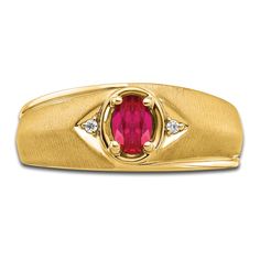 A striking oval-cut natural ruby gemstone shimmers handsomely in the center of this classic men's ring, fashioned in 14K yellow gold. Brilliant round diamond accents embellish the band to complete the look. Natural Ruby Ring, Gold Book, Jared The Galleria Of Jewelry, Ruby Stone, Ruby Gemstone, Gold Price, Men's Ring, Ring Diamond, Size 10 Rings