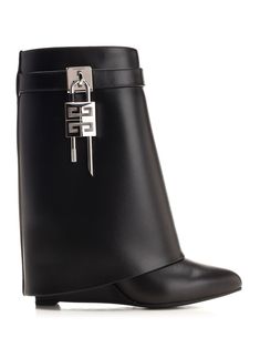 "Shark Lock" ankle boots in black calfskin from Givenchy, with iconic 4G Lock in silver finish. Almond toe, covered wedge heel, hidden zip with leather zip puller inside the foot. Givenchy Outfit, Givenchy Shark, Givenchy Boots, Ankle Boots For Women, Zip Puller, Best Wallet, Boots For Women, Pump Sandals, Shirt Accessories