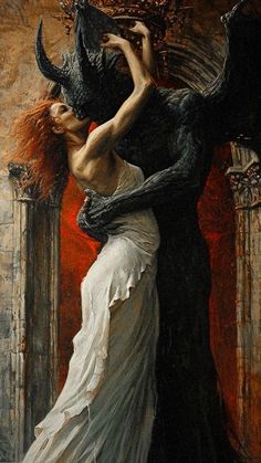 a painting of a woman hugging a demon