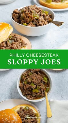 sloppy joes with cheesesteak and pickles in bowls on a table top