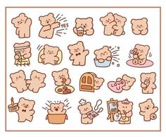 an illustrated set of teddy bears in various poses and expressions, with the caption's description below