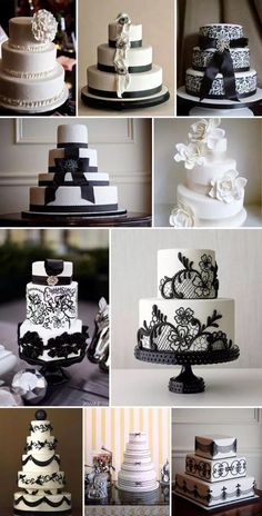 many different types of wedding cakes are shown in this collage with black and white designs