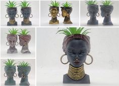 several different pictures of african women with plants in their heads and earrings on their head