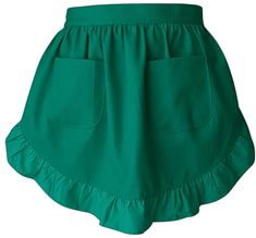 a green skirt with ruffles on the front and bottom, is shown from the waist up