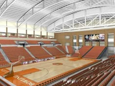 an artist's rendering of the inside of a basketball court with seating and lights