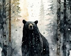 a painting of a black bear in the woods with snow falling all over it and trees