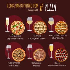 the different types of pizzas and glasses of wine are shown in this graphic style