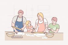 a group of people standing around a table preparing food