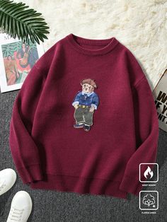 Men's Casual Bear Embroidery Round Neck Loose Fit Sweater, Suitable For Autumn/Winter Burgundy Casual  Long Sleeve Fabric Animal,Cartoon,Figure Pullovers Slight Stretch  Men Clothing, size features are:Bust: ,Length: ,Sleeve Length: