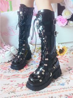 This price is for a pair of boots only, others are not included.  Height : 35cm Size34353637383940Foot Length2222.52323.52424.525 Punk Style Lace-up Platform Mid-calf Boots, Black Harajuku Style Lace-up Boots, Edgy Knee-high Heeled Boots For Streetwear, Gothic Lace-up Knee-high Boots For Fall, Fall Punk Knee-high Platform Boots, Punk Knee-high Platform Boots For Fall, Black Harajuku Style Winter Boots, Edgy Black Knee-high Lace-up Boots, Round Toe Platform Boots For Winter Concerts