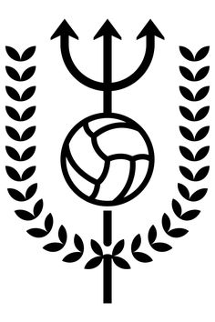 a black and white image of an arrow with a ball in the center surrounded by laurels