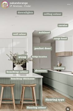 an image of a kitchen with all the different types of cabinets and stools in it