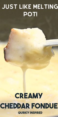 a spoon full of creamy cheese fondue with the words at home date night on it