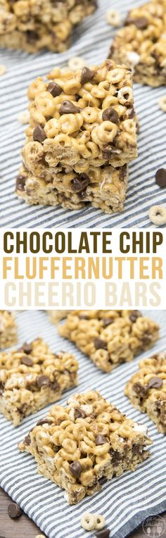 chocolate chip gluffernutter chew bars are stacked on top of each other