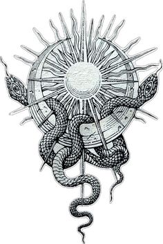 a drawing of a sun with snakes around it