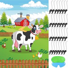 a cartoon cow standing in front of a fence with farm animals on it's sides