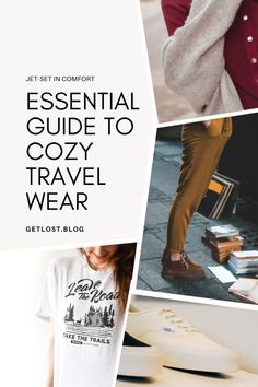 the essential guide to cozy travel wear for women in white and red, with text overlay