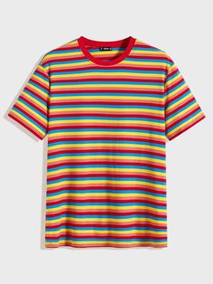 Multicolor Casual  Short Sleeve Polyester Rainbow Stripe  Embellished Slight Stretch Summer Men Tops Casual Multicolor Ribbed Top, Clothes Men Aesthetic, Colorful Fashion Men, 80s Striped Shirt, Rainbow Striped Shirt, Pride Clothes, Striped Clothes, Colorful Clothes, Rainbow Outfit