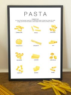 the pasta poster is displayed on a table