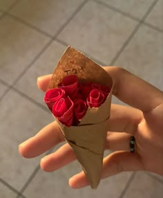 a hand holding a paper cone with red roses in it