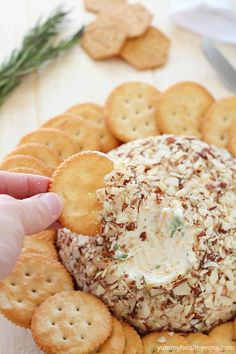 a cracker being dipped with cheese surrounded by crackers