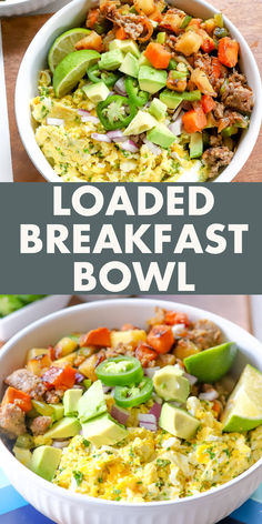 loaded breakfast bowl with avocado, carrots, and other vegetables in it