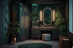 a room with a vanity, mirror and stools in the corner is lit up by green lights