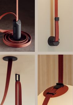 four different views of a lamp with red cords attached to the lampshade, and an object in front of it