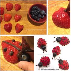 four pictures of strawberries and berries being made into ladybugs