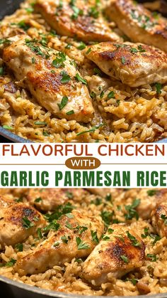 two pictures of chicken with garlic parmesan rice