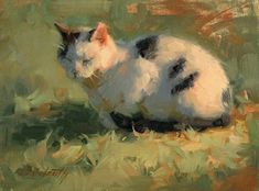 a painting of a white and black cat laying down on the ground with its eyes closed