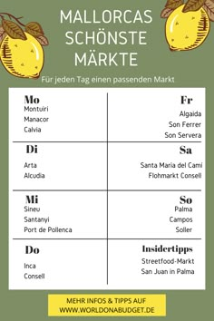 a poster with the words mallorcas schonstee market in spanish and english