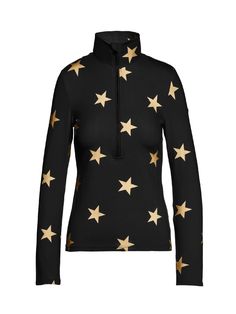 a women's black top with gold stars on the sleeves and collar, front view