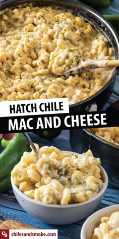 macaroni and cheese in a skillet with the words hatch chili mac and cheese