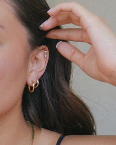 #jewelry #goldjewelry #hoops #hoopearrings #smallhoops #goldhoopearrings #affordablejewelry Hoops All The Way Up Ear, Small Ear Ear Piercings, Dainty Piercings Ears Minimalist Jewelry, Two Piercings Ear Hoop, Two Hoops Earrings, Minimalist Piercings Ear, Ideas Para Piercings En La Oreja, Earrings Both Ears, Piercings For Small Ears