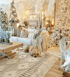 a living room decorated for christmas with white furniture and decorations on the walls, along with trees