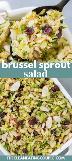 brussels sprout salad with almonds and cranberries in a white dish