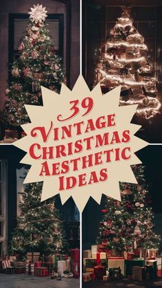 christmas tree with presents under it and the words vintage christmas aesthetic ideas overlayed